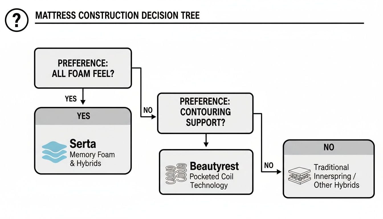 A decision tree illustrating mattress construction choices based on preferences for foam feel and contouring support.