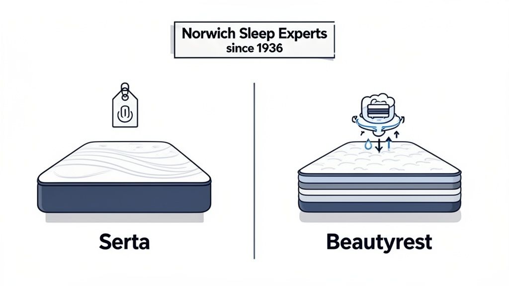 Illustration comparing Serta and Beautyrest mattresses, detailing features like breathability and pricing.