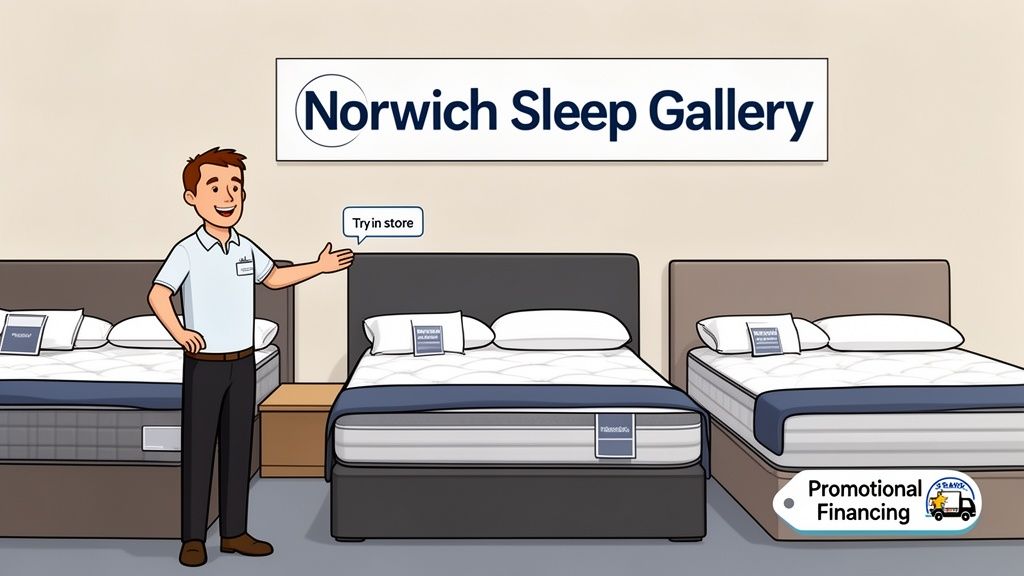 A cartoon salesman in Norwich Sleep Gallery presents three beds, highlighting promotional financing and in-store trials.