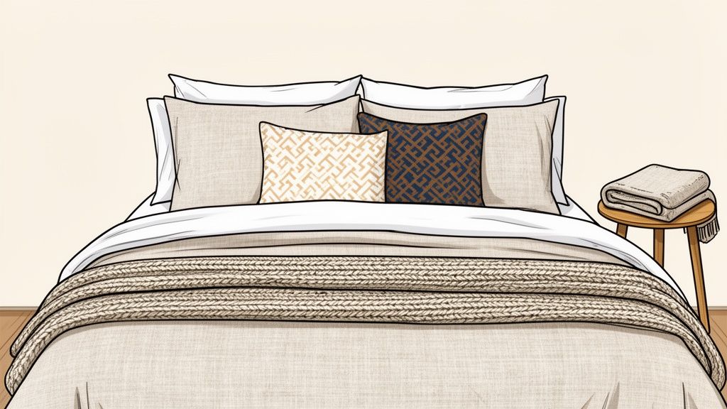 A cozy bedroom with a neatly made bed featuring neutral linen, patterned pillows, and a knitted throw.