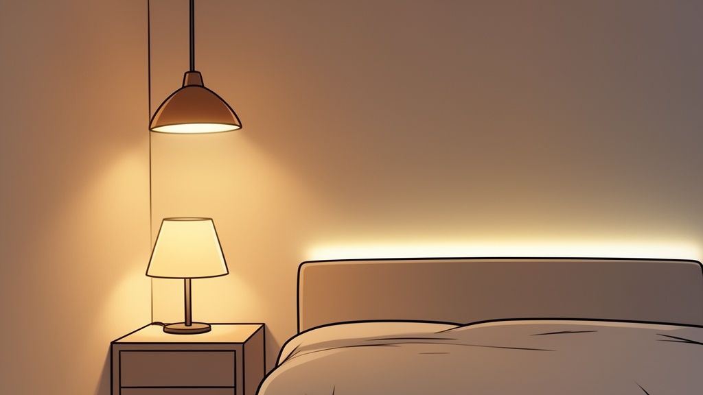 A cozy bedroom at night with warm lighting from a pendant lamp, table lamp, and headboard strip.