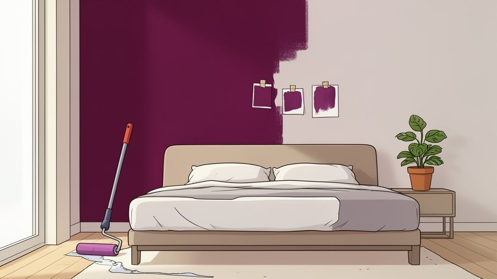 A bedroom wall is partially painted deep purple, with a bed, plant, and paint roller visible.