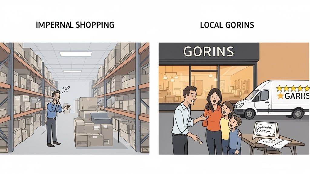 Confused man in a warehouse contrasts with a happy family at a local, personalized store.