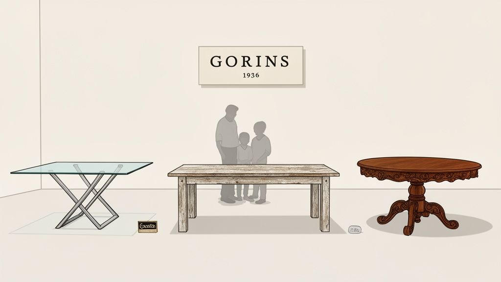 A showroom display features three distinct tables: modern glass, rustic wooden, and classic carved wood. A 'GORINS 1936' sign hangs above them.