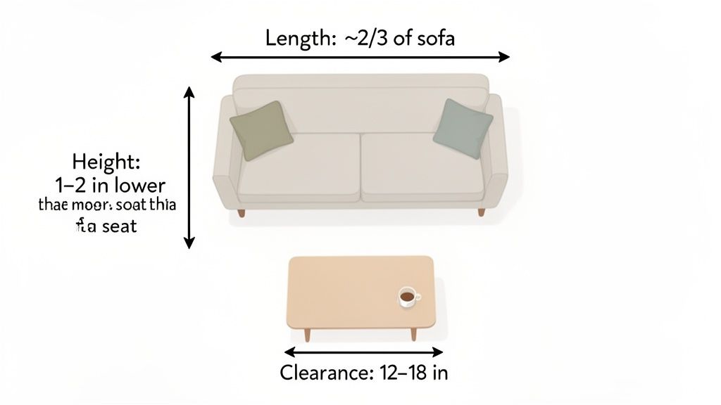 Diagram showing coffee table sizing guidelines for length, height, and clearance in front of a sofa.