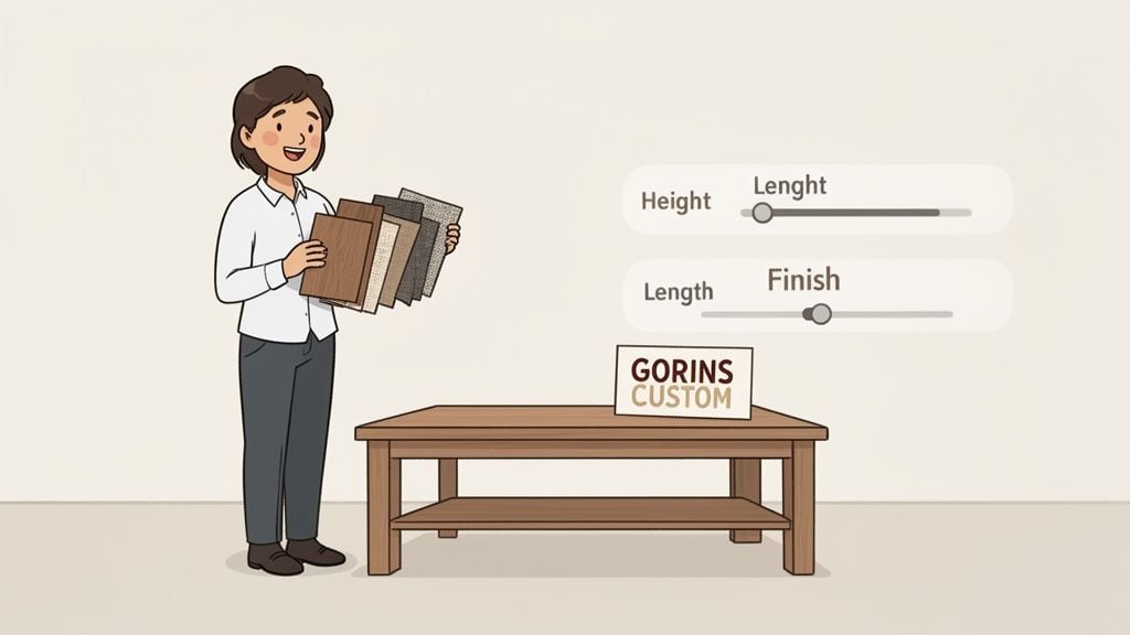 A person holds wood samples next to a wooden coffee table with customization sliders.