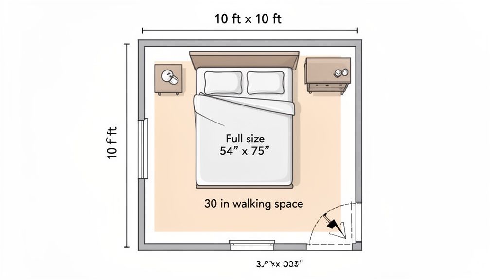 Floor plan of a 10x10 ft bedroom with a 54x75 inch full-size bed, nightstands, and walking space.
