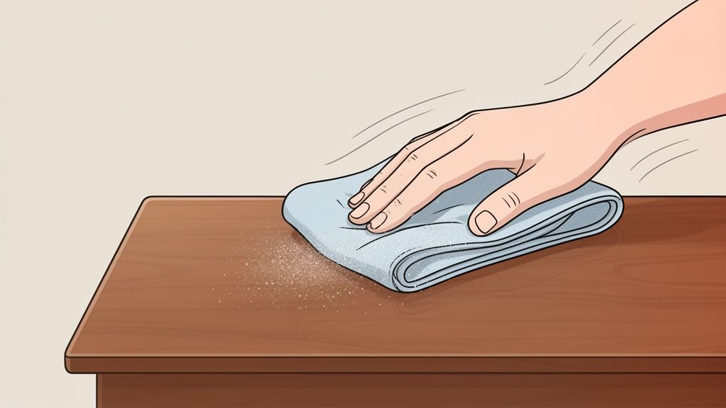 A hand uses a light blue cloth to wipe dust off a wooden table.