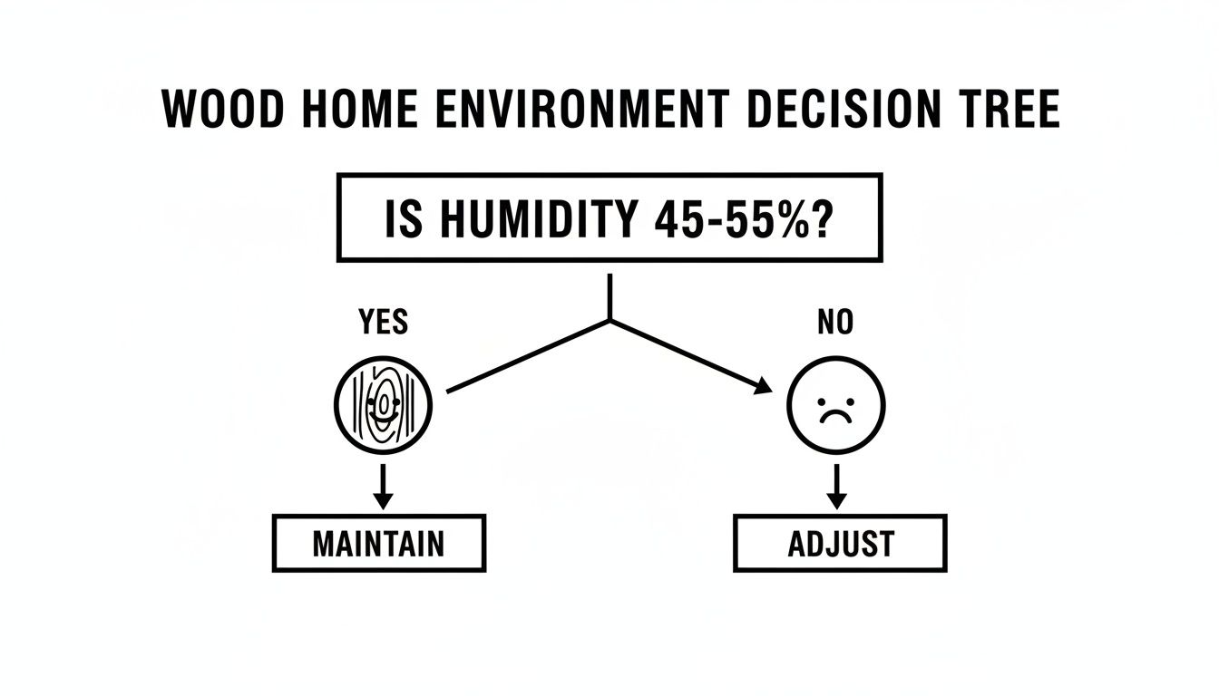 Decision tree diagram for wood home environment humidity, guiding to maintain if 45-55% or adjust otherwise.