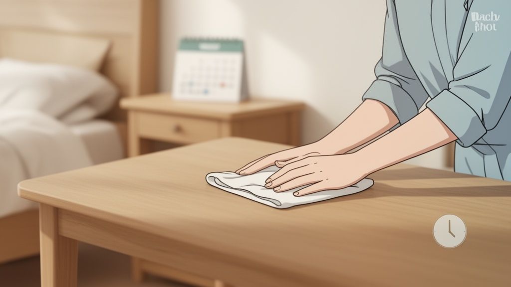 Close-up of hands wiping a light wooden table with a white cloth in a bedroom setting.
