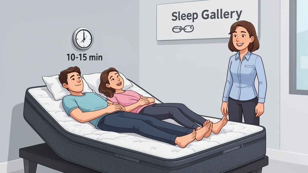 A couple lies on an adjustable mattress at 'Sleep Gallery', testing it for 10-15 minutes, with a salesperson observing.