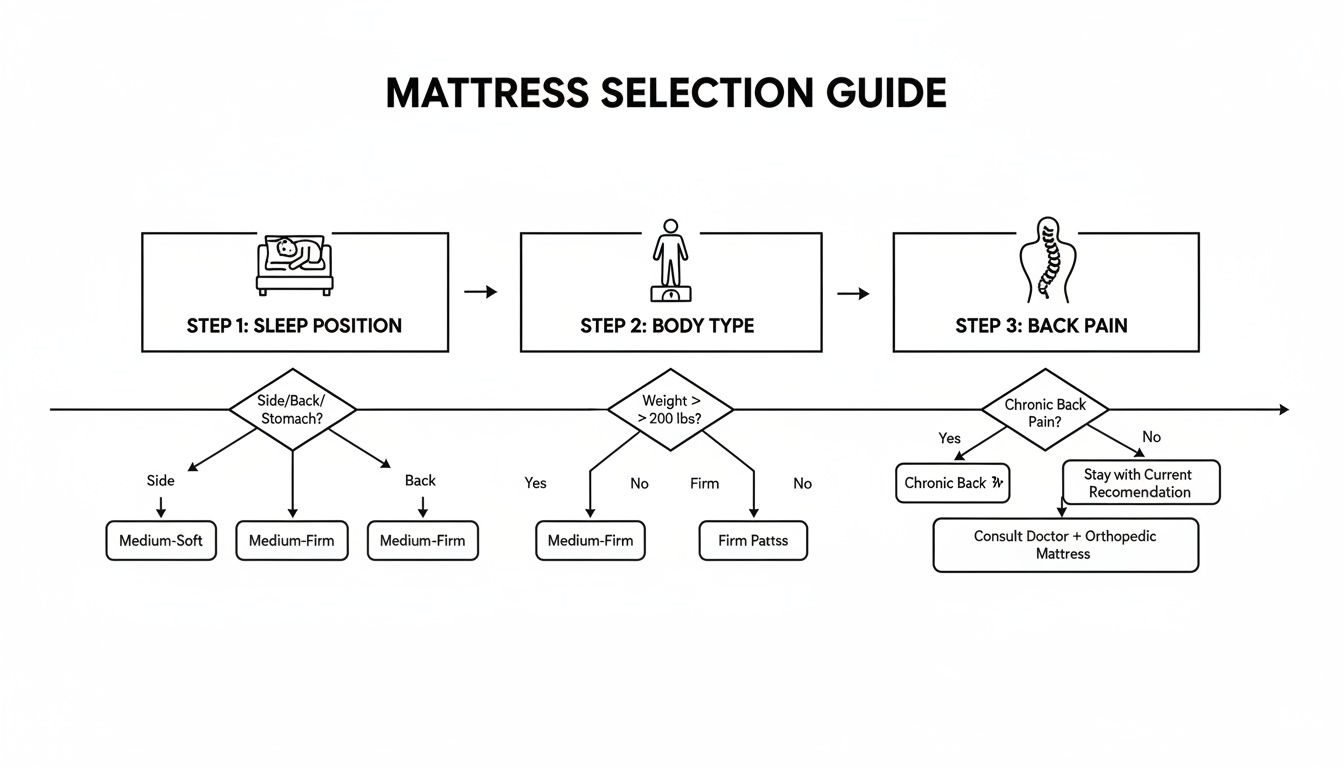 Flowchart guide to selecting a mattress based on sleep position, body type, and chronic back pain.