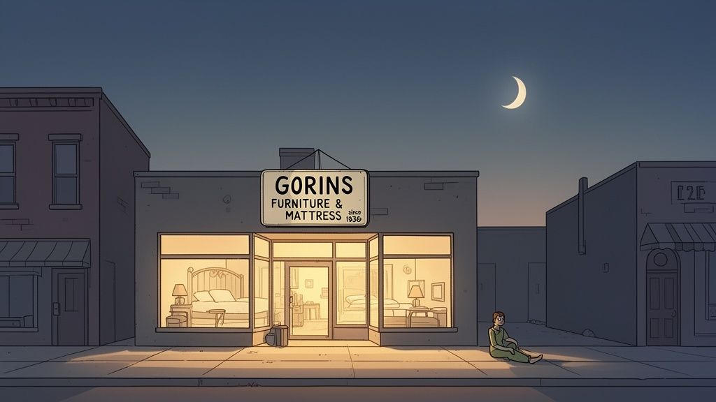 A person sits on a sidewalk outside a brightly lit furniture store at night under a crescent moon.