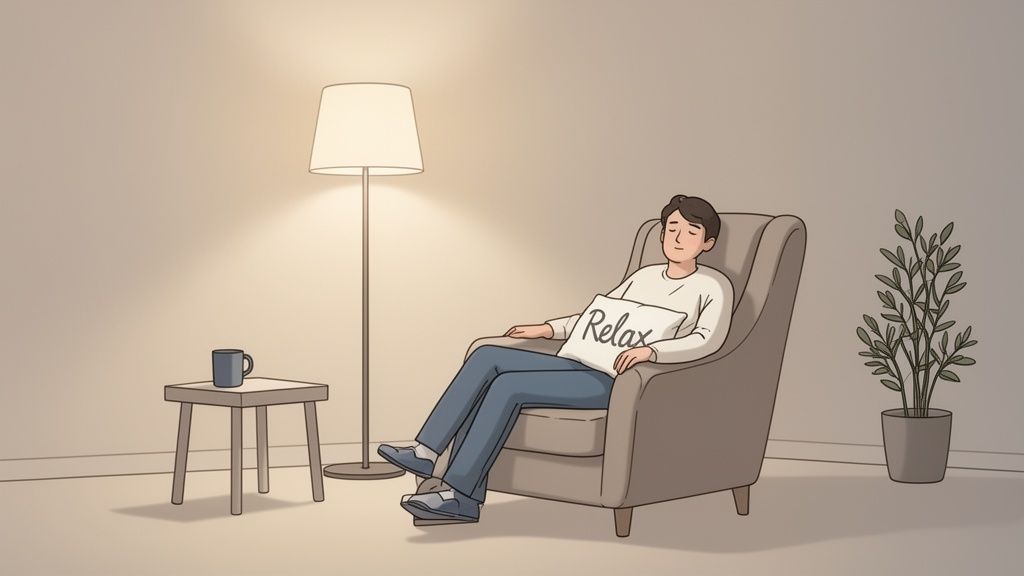 A serene scene of a person relaxing in an armchair with a 'Relax' pillow and warm lamp light.