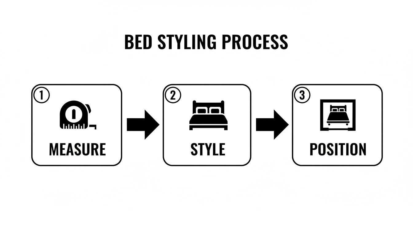 Infographic illustrating a three-step bed styling process: measure, style, and position.