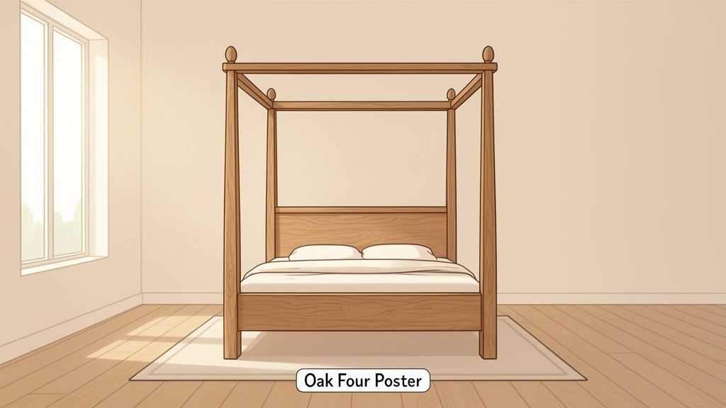 A light brown wooden four-poster bed with white bedding and pillows in a simple room with a window.