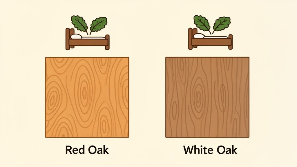 Illustrated comparison showing the distinct wood grain patterns and colors of Red Oak and White Oak.