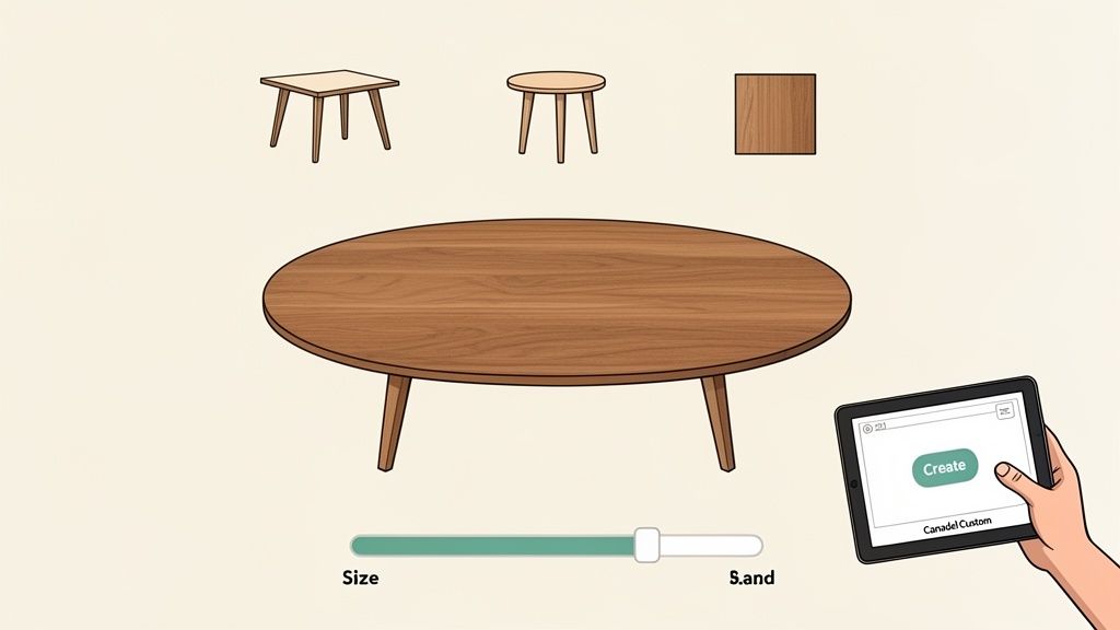 A custom design interface showing various wooden tables, a size slider, and a tablet to create designs.