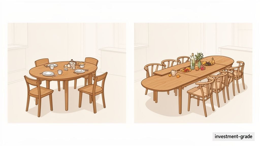 Two wooden oval dining tables, one compact with six chairs, the other expanded with ten chairs and a meal spread.