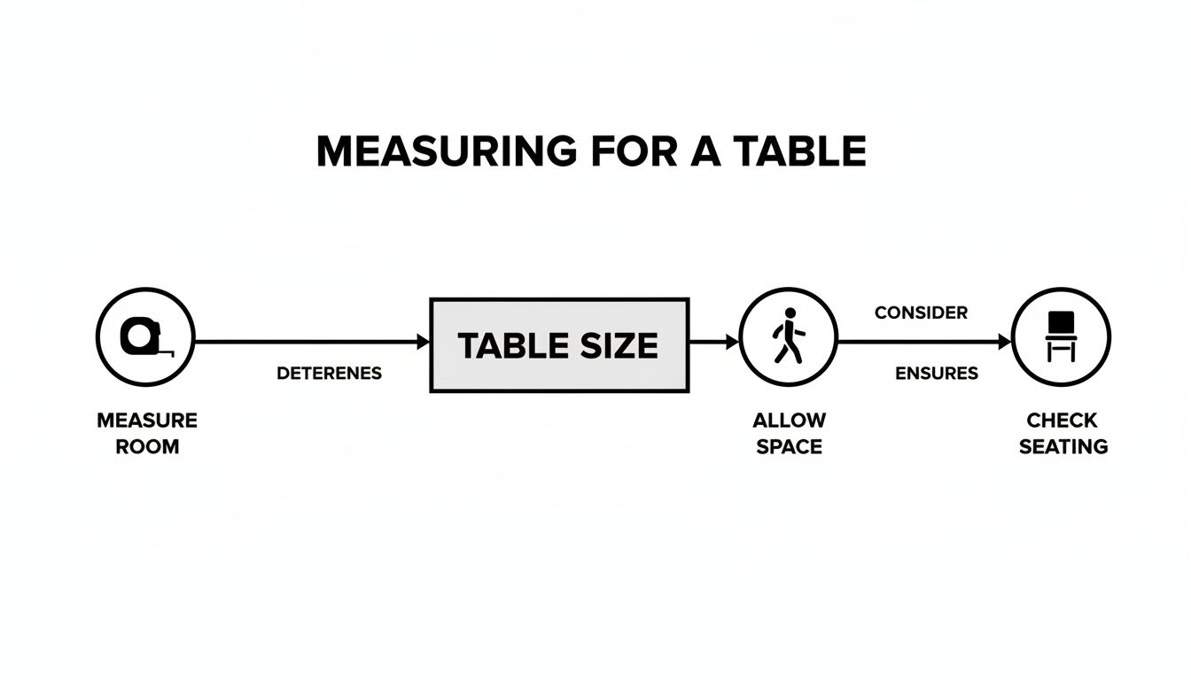 Flowchart illustrating the process of measuring for a table, covering room, size, space, and seating.