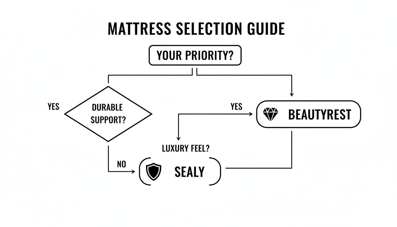 Flowchart for mattress selection guide, comparing Beautyrest and Sealy based on durable support and luxury feel.