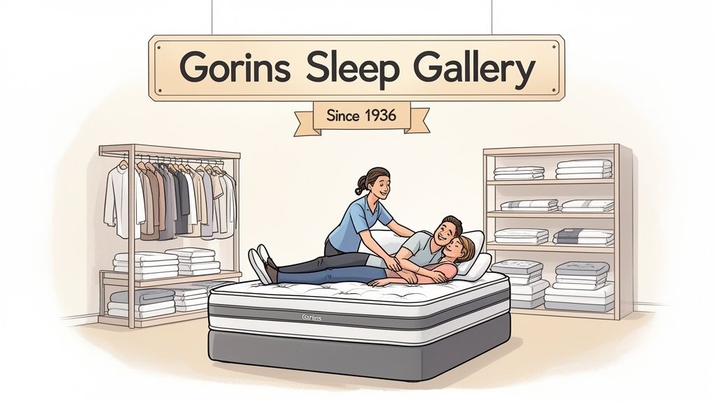 A sales associate assists a happy couple lying comfortably on a mattress in Gorins Sleep Gallery.