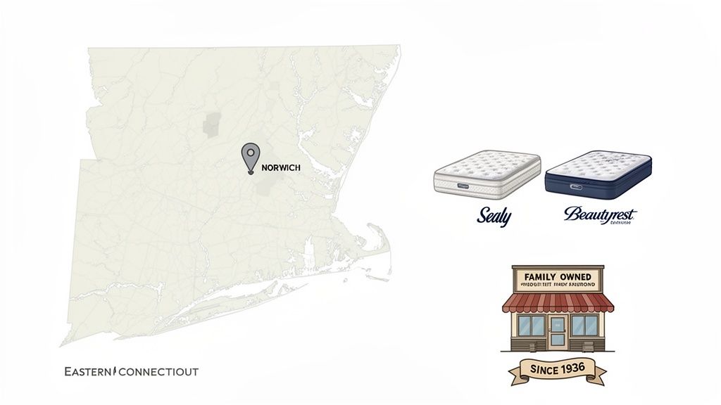 Map of Eastern Connecticut pinpointing Norwich, with Sealy and Beautyrest mattresses, and a family-owned store established 1936.