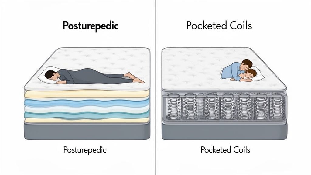 Comparison of two mattress types: Posturepedic with distinct layers and Pocketed Coils with individual springs.
