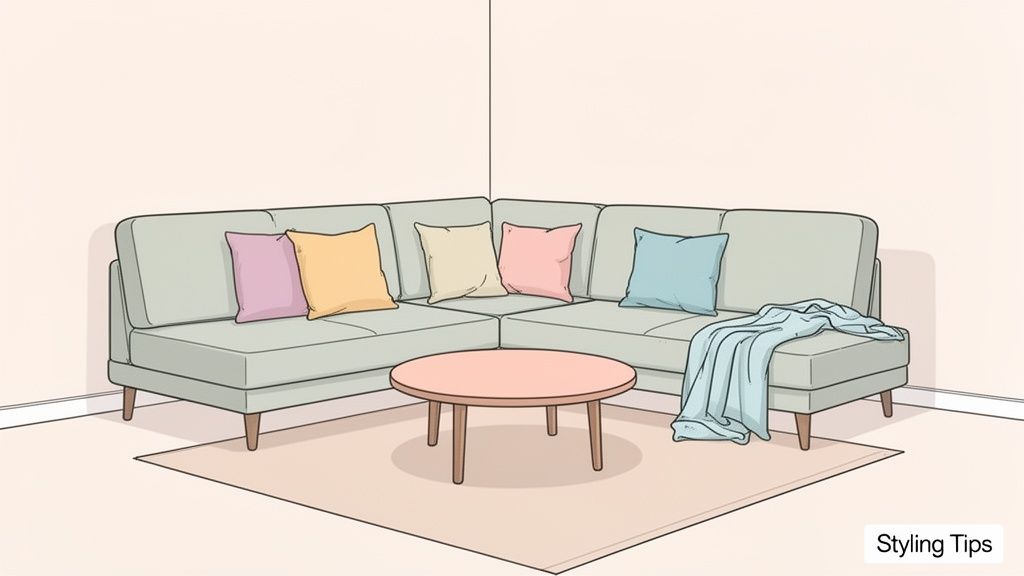 An illustration of a light green corner sectional sofa with colorful throw pillows and a blue blanket.
