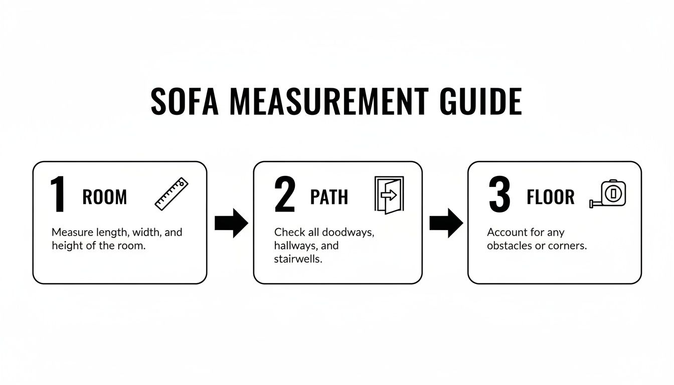 A sofa measurement guide showing three steps: room, path, and floor measurements for buying a sofa.