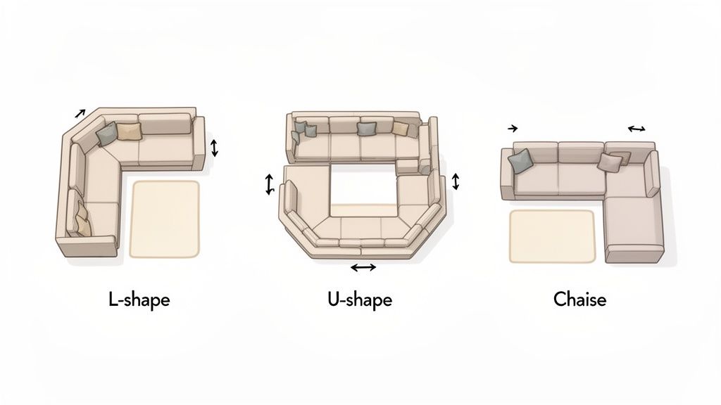 Top-down view of three modular sectional sofa designs: L-shape, U-shape, and Chaise configurations with rugs.