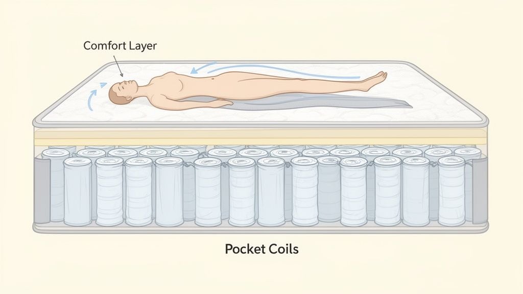 A cross-section diagram of a pocket coil mattress with a person on top, showing the comfort layer and individual coils.