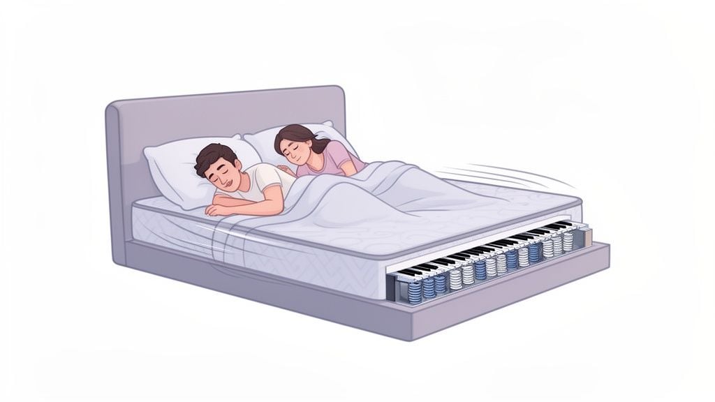 A couple sleeps soundly on a bed with a mattress cutaway revealing piano keys and springs.