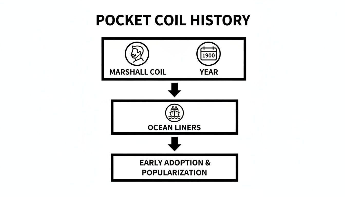 A flowchart detailing pocket coil history, showing Marshall's invention in 1900, adoption by ocean liners, and early popularization.