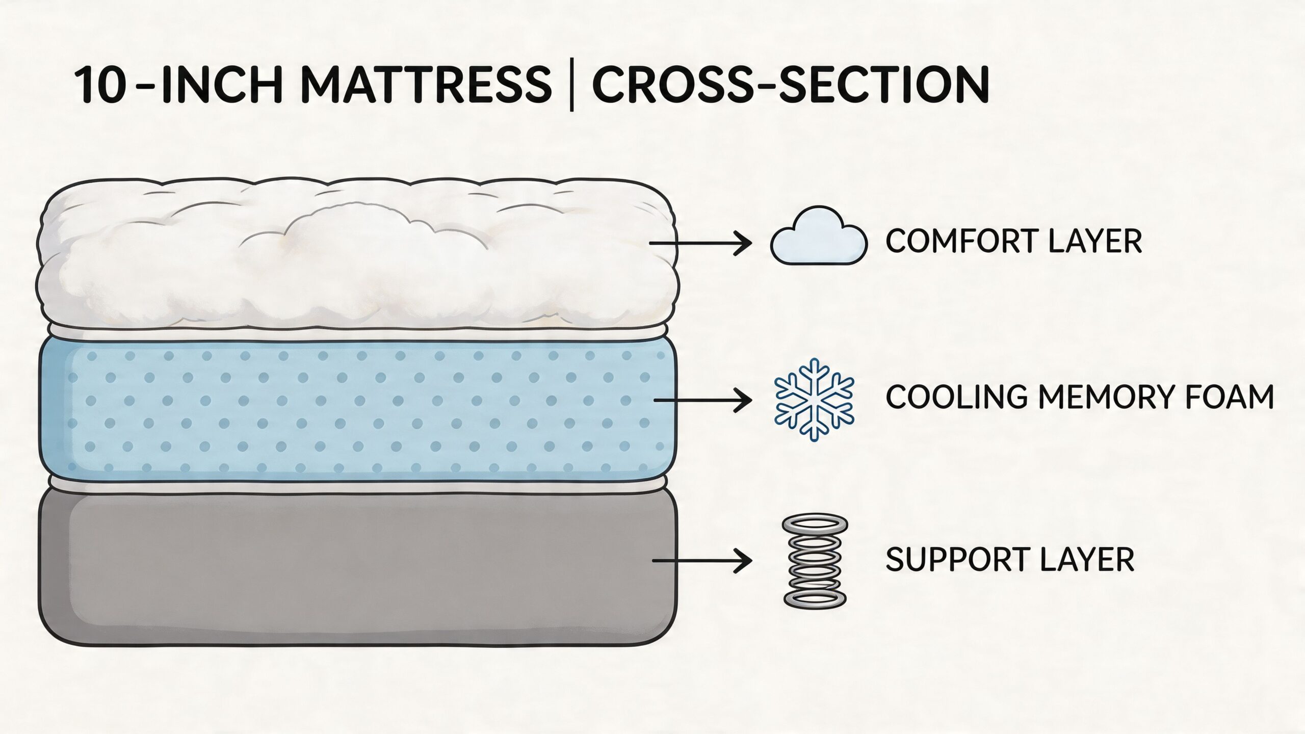 A cross-section illustration of a 10-inch mattress showing the comfort layer, cooling memory foam, and support layer.