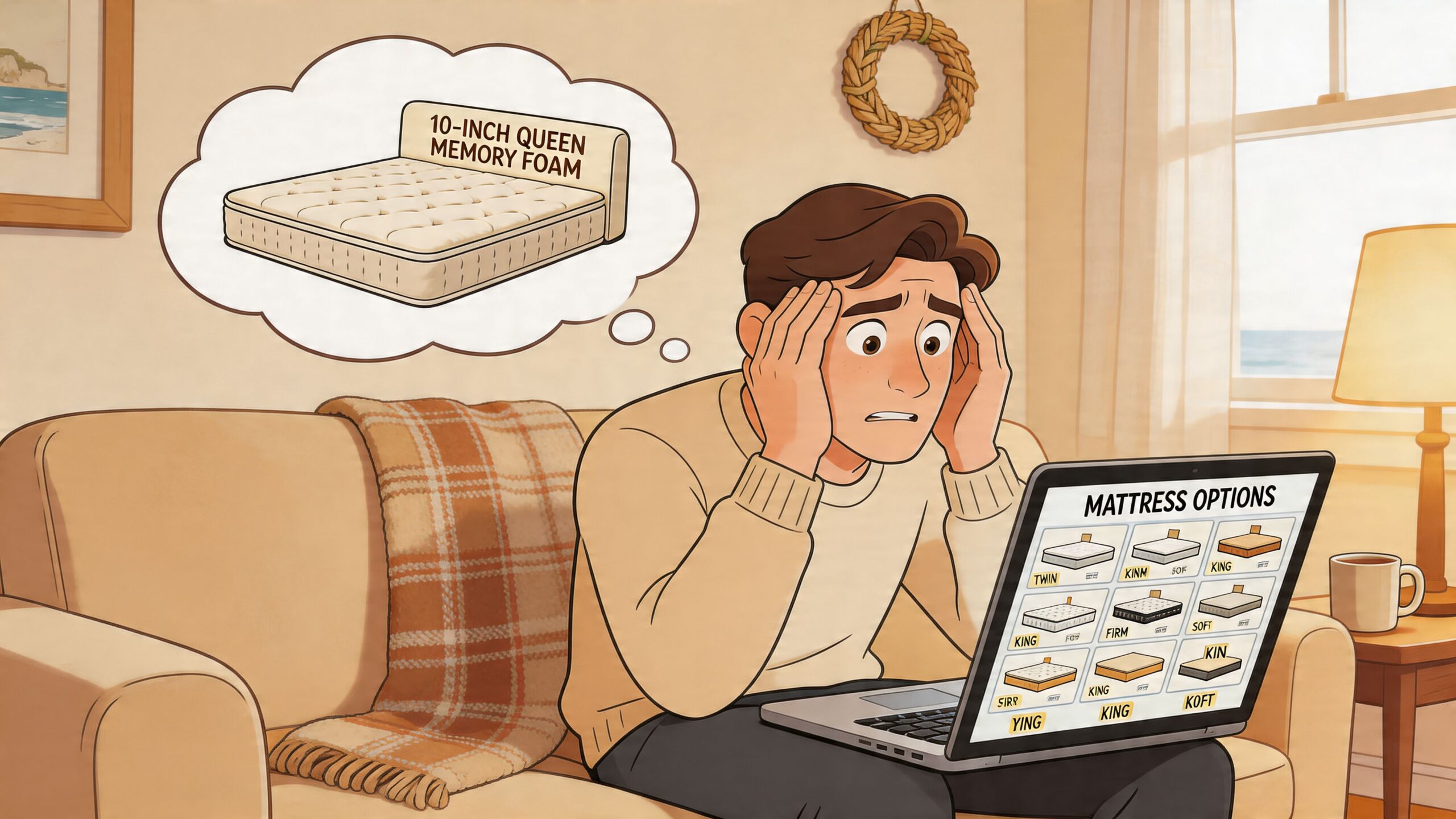 A stressed man sitting on a couch looking at various mattress options on his laptop screen.