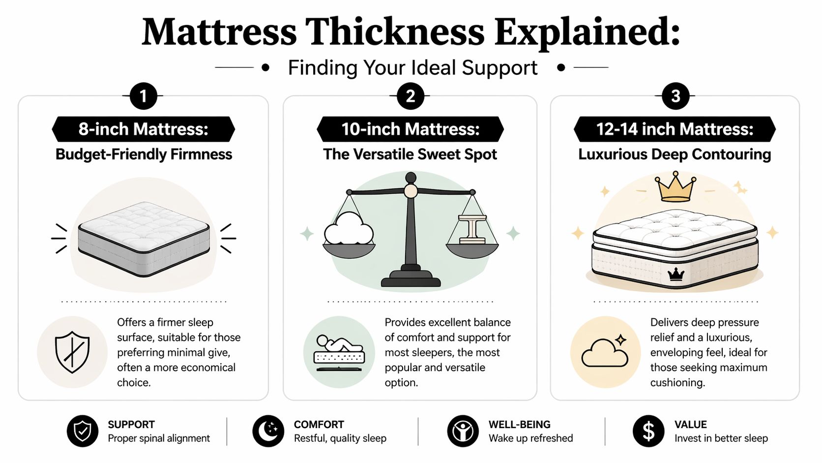 An infographic titled Mattress Thickness Explained comparing 8-inch, 10-inch, and 12-14 inch mattress profiles and benefits.