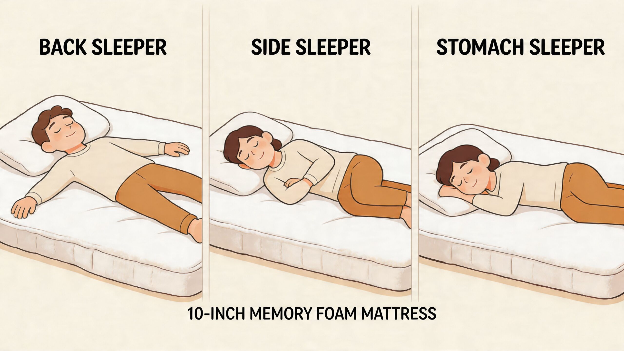 A 10-inch memory foam mattress showing a person sleeping in back, side, and stomach sleeping positions.
