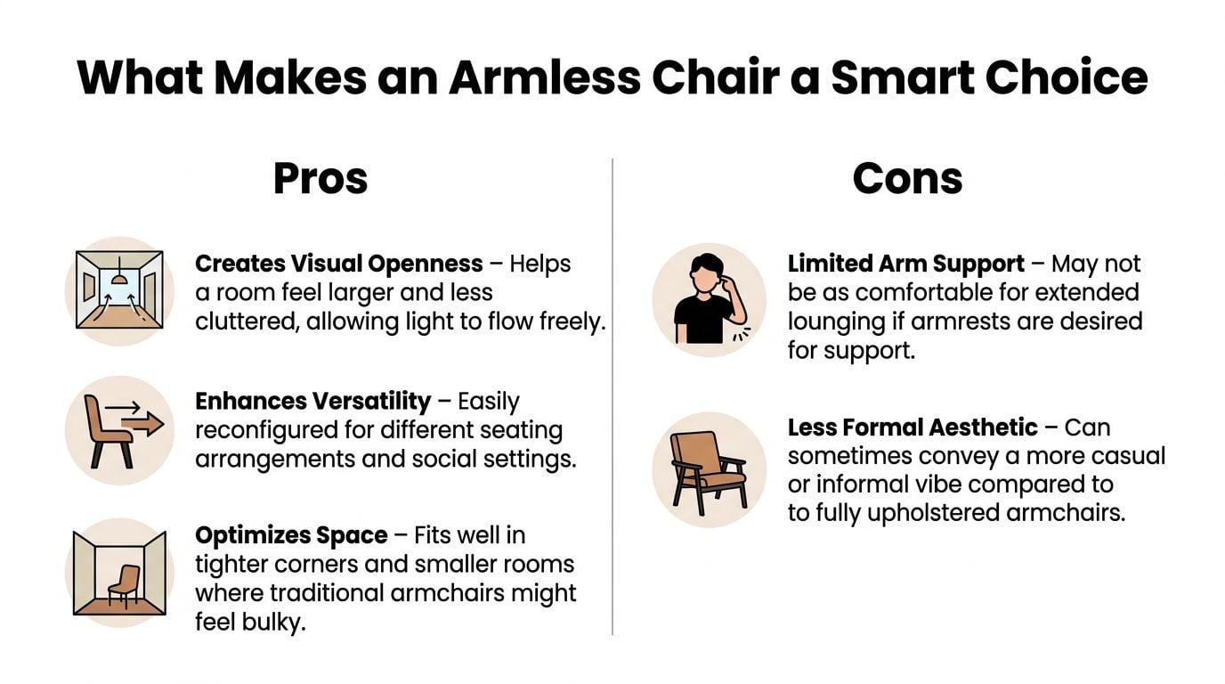 An infographic comparing the pros and cons of using armless chairs in interior home design.