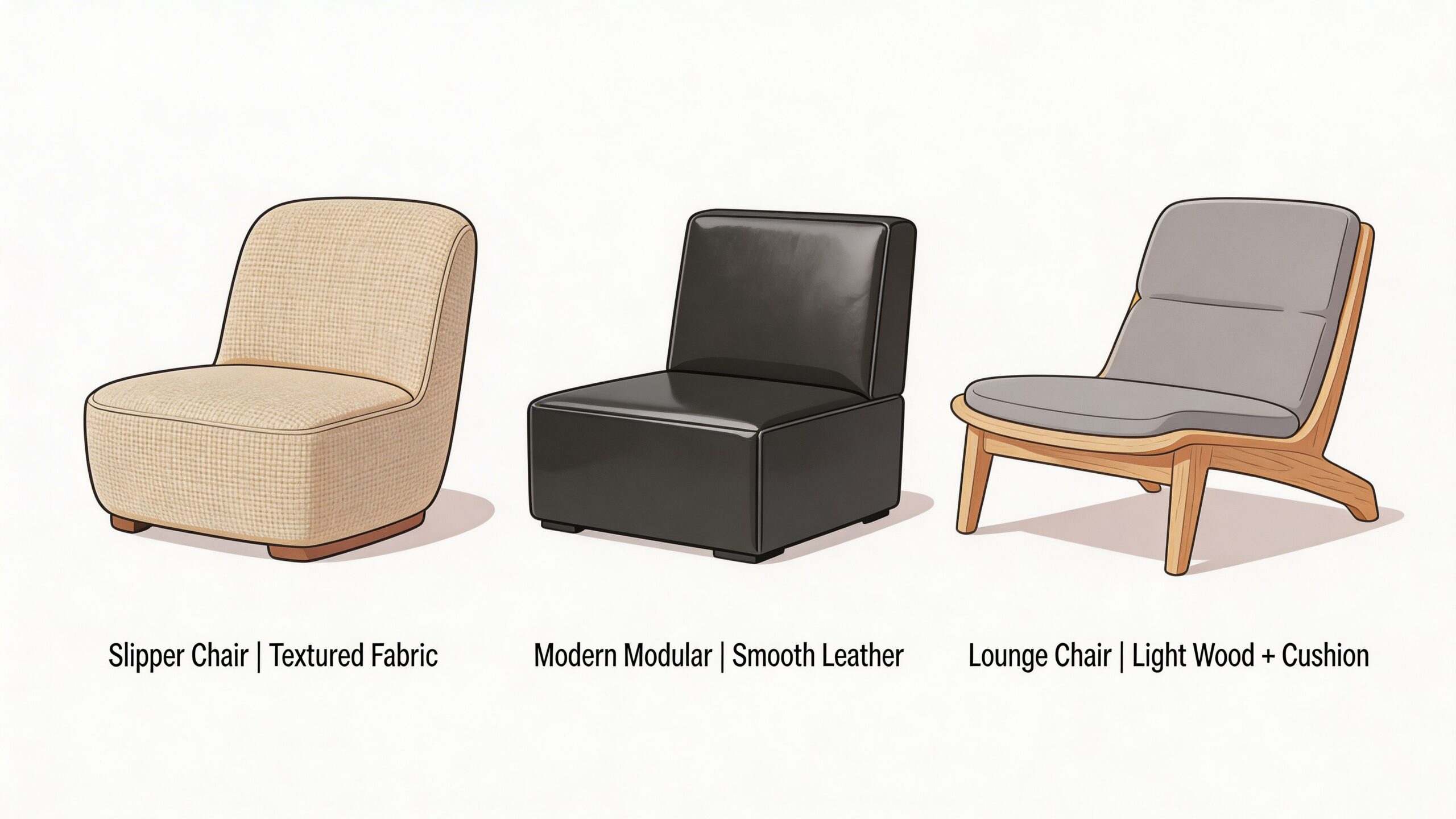 Three different styles of armless living room chairs featuring fabric, leather, and wood designs.
