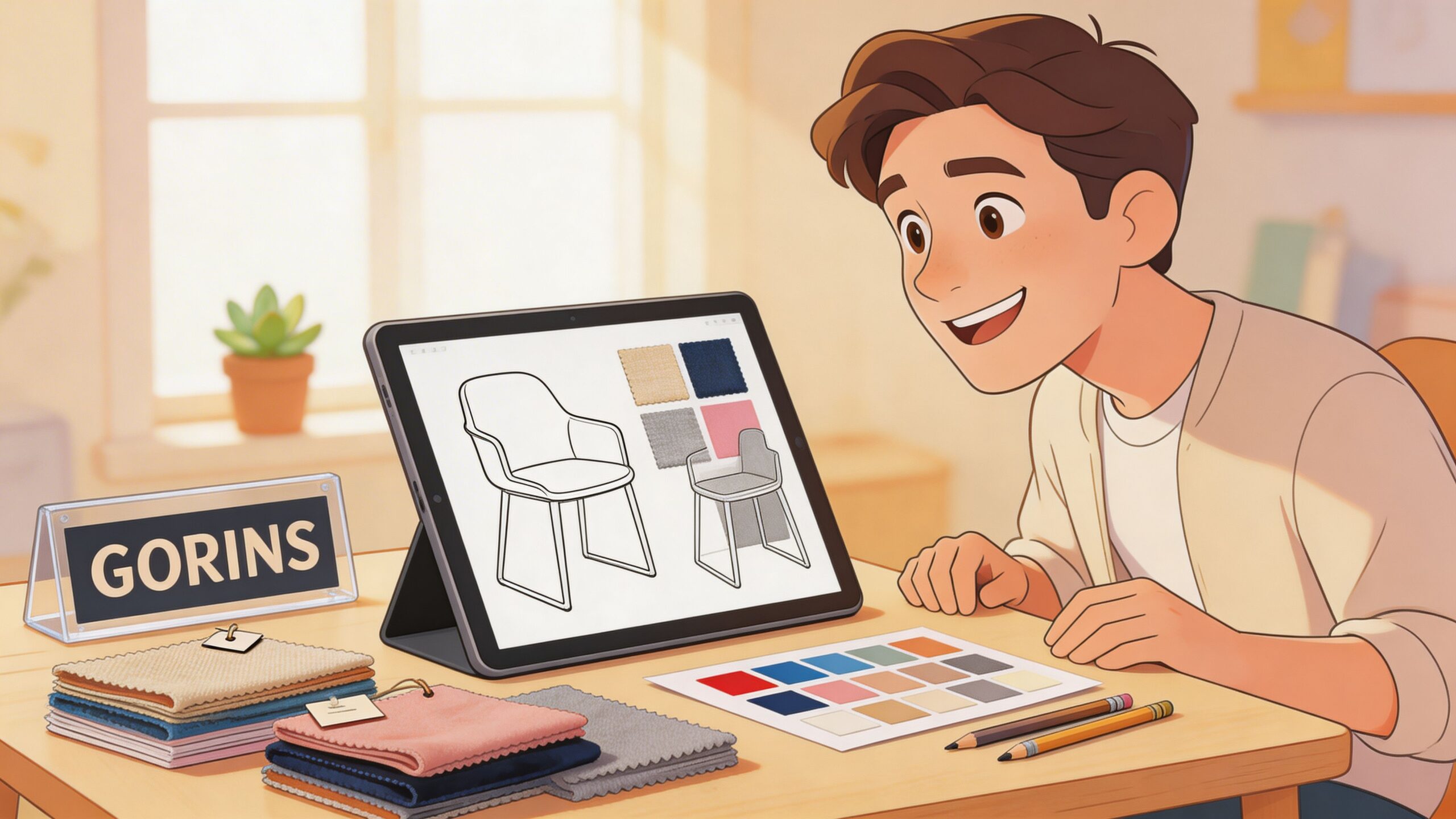 A young furniture designer smiling while viewing chair sketches and fabric samples on a tablet computer.