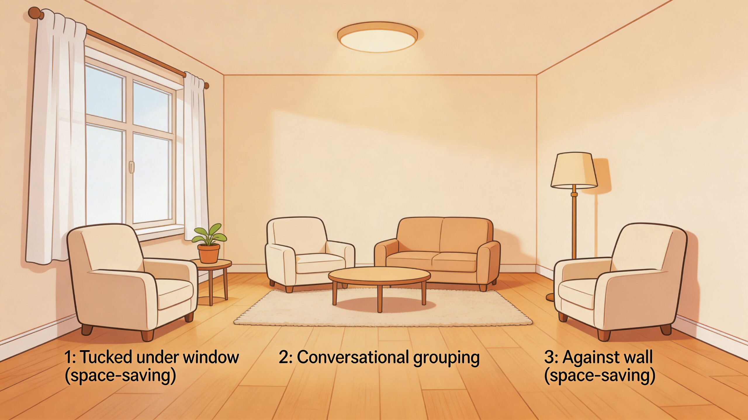 A living room interior featuring three different furniture layout styles, including conversational seating and wall-aligned arrangements.
