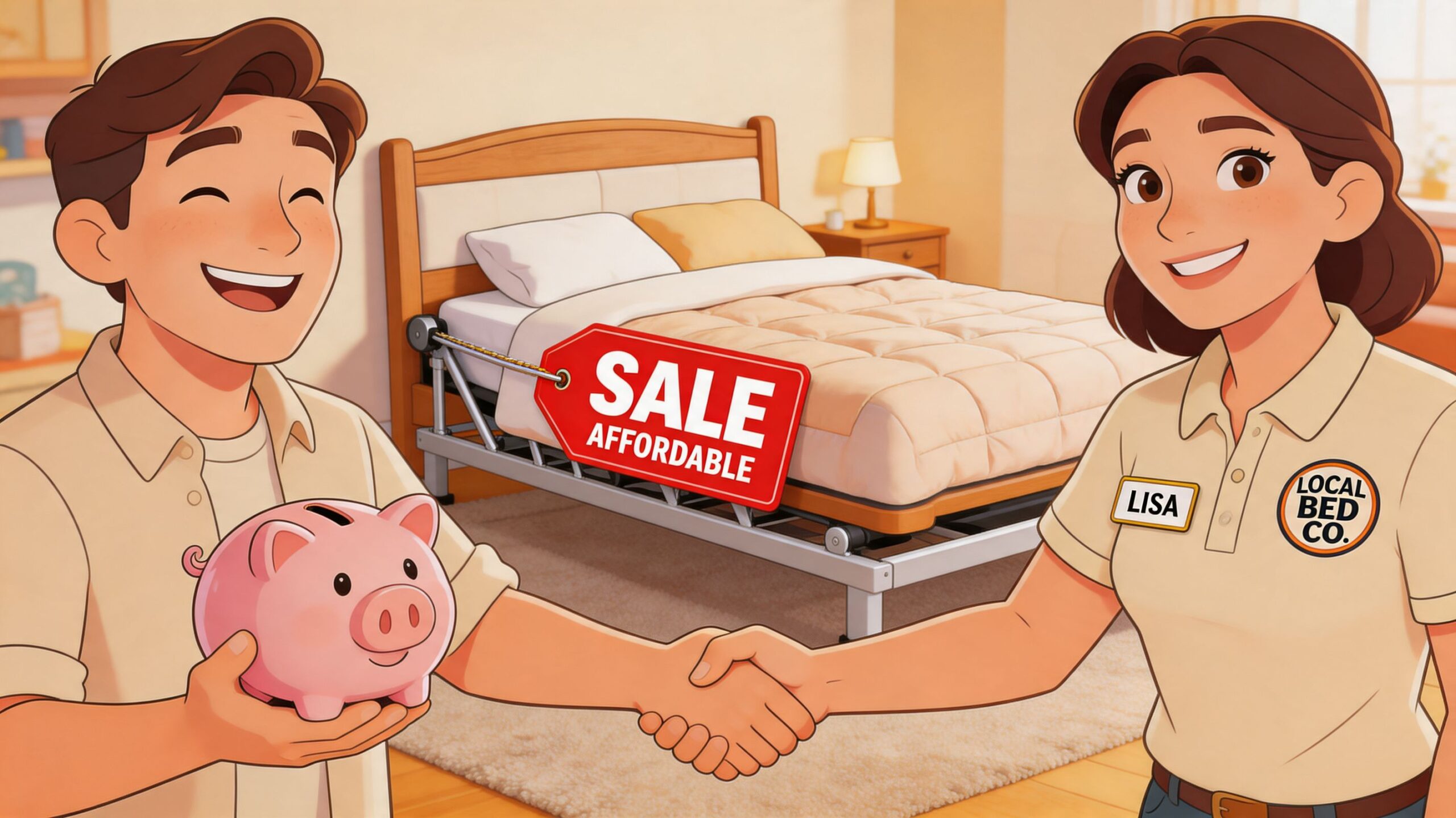 A man shaking hands with a representative from Local Bed Co. in a furniture showroom bedroom setting.