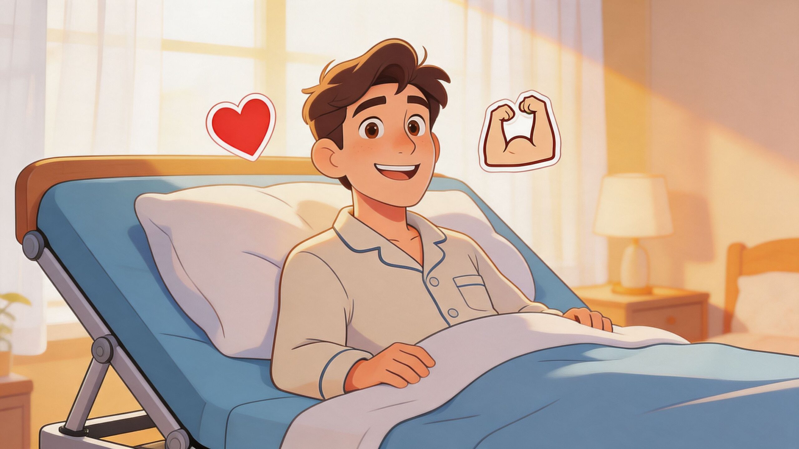 A happy young man wearing pajamas sitting up in a comfortable adjustable hospital bed at home.