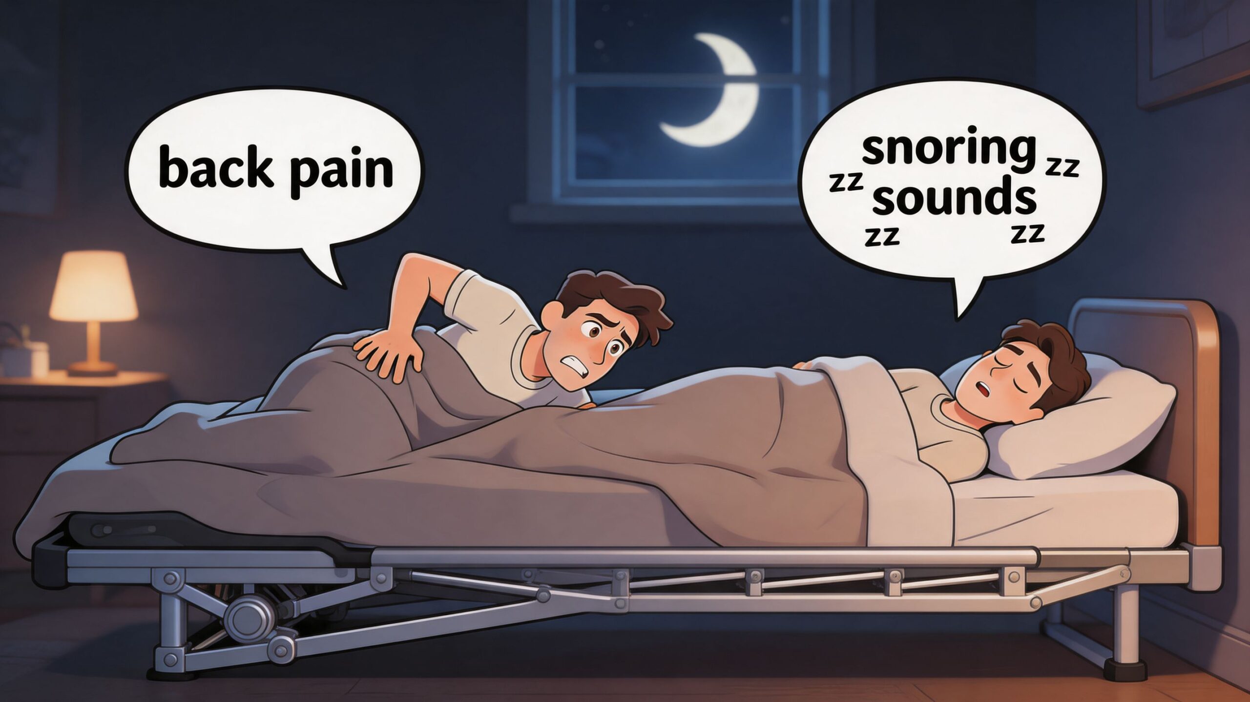 A person in an adjustable bed suffering from back pain while their partner sleeps and snores soundly.