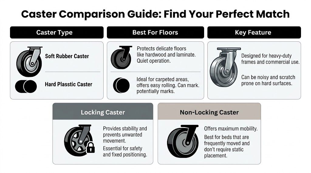 A comparison chart explaining the different types of casters for furniture like bed frames and surfaces.