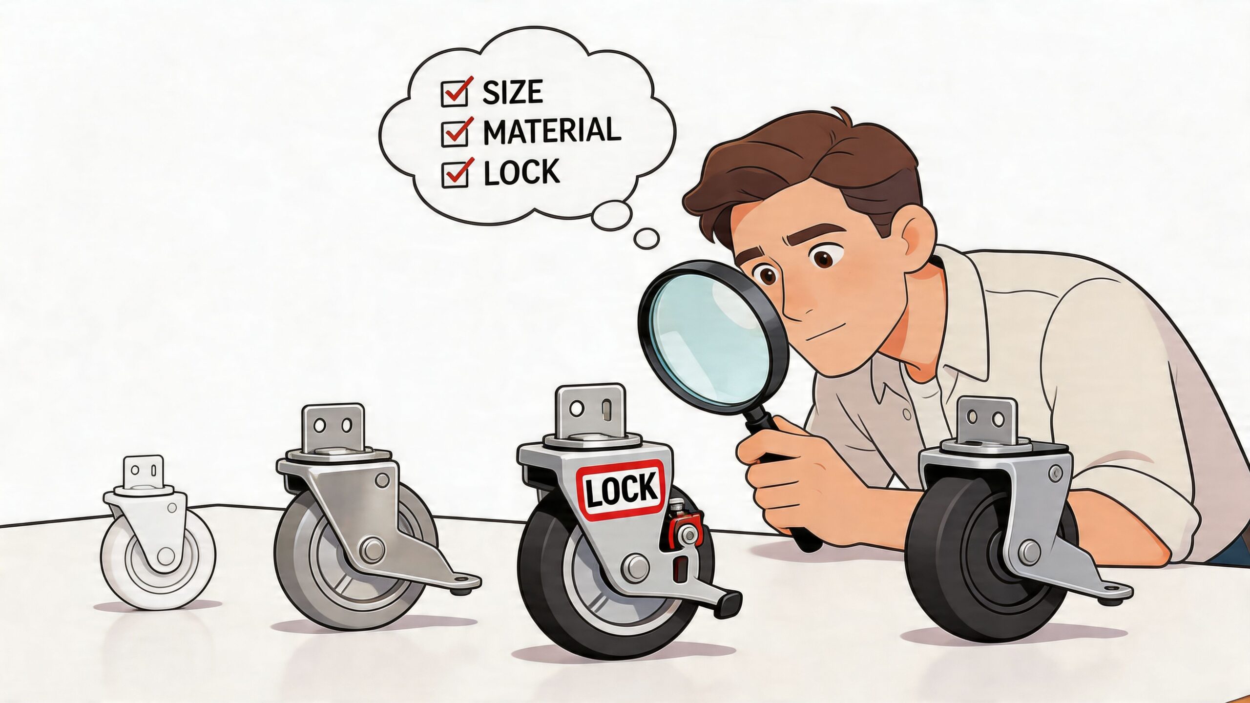 A person inspects different types of caster wheels with a magnifying glass while considering size, material, and locks.