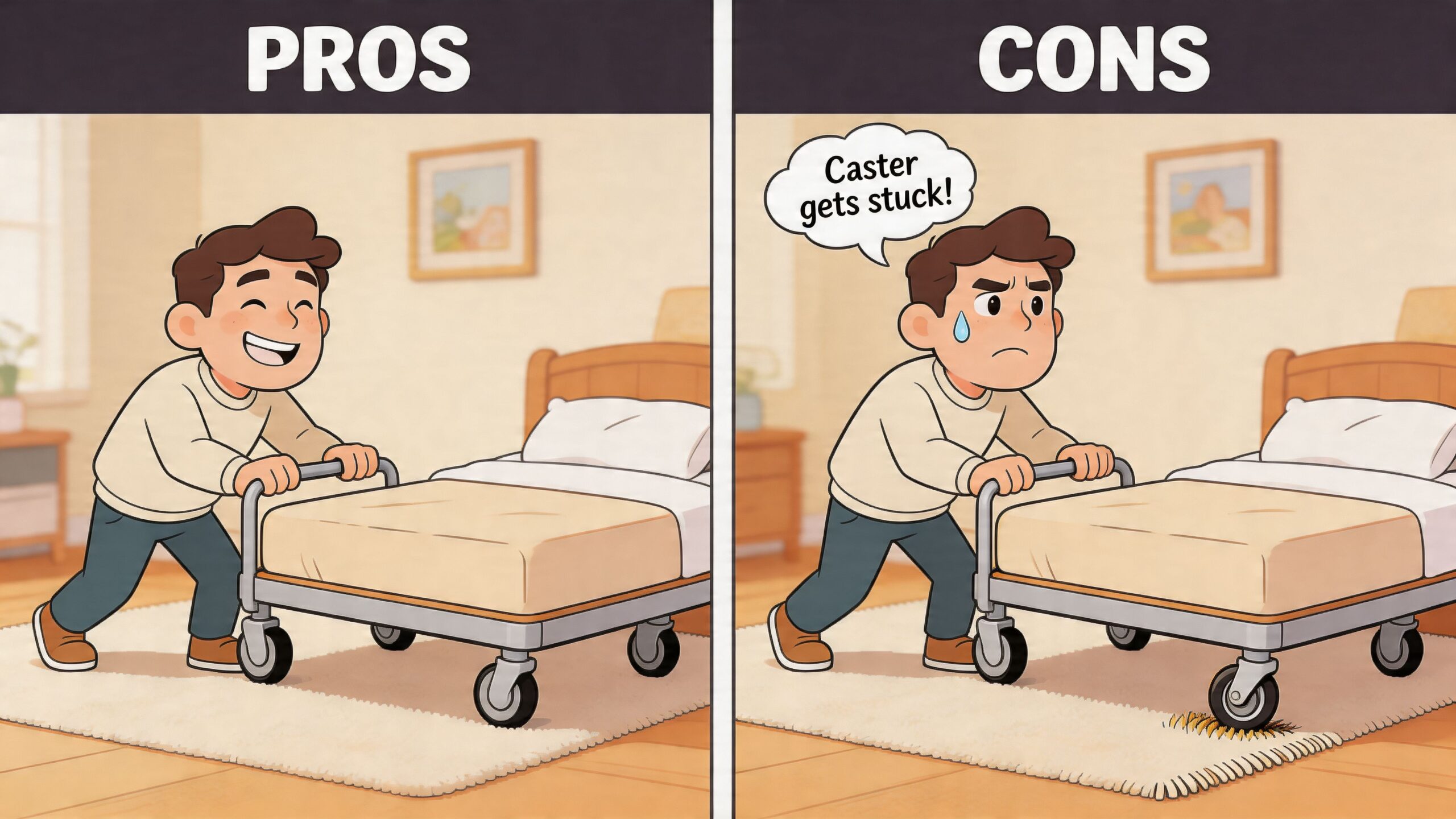 A person pushing a bed frame on casters illustrating the pros and cons of rug use.