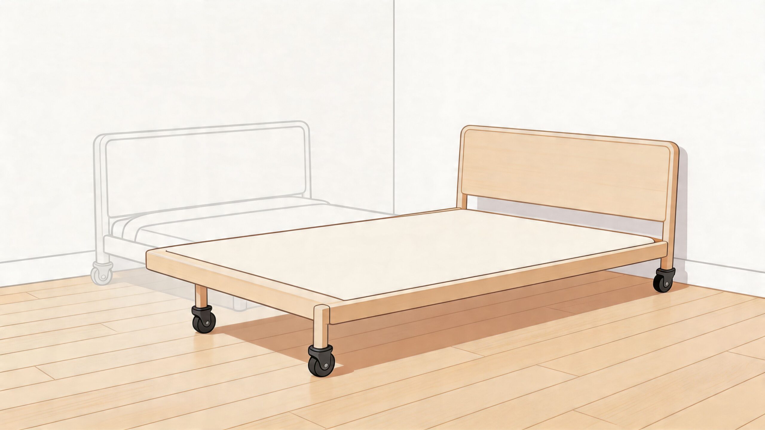 A minimalist wooden bed frame on caster wheels positioned in a room with light wooden flooring.
