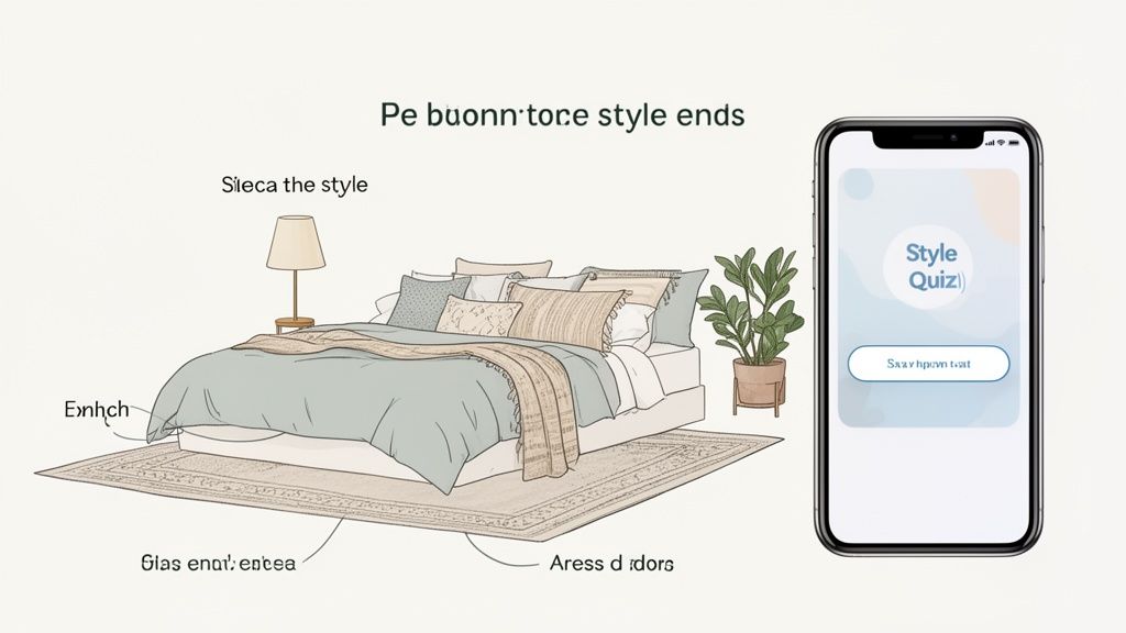Illustration of a cozy bedroom setup with a bed, rug, lamp, plant, and a phone displaying a 'Style Quiz' app.